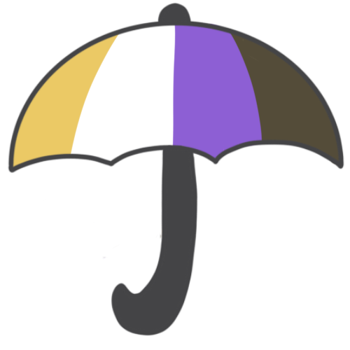 An umbrella that’s the colours of the non-binary flag — yellow, white, purple, and black — with a black handle.